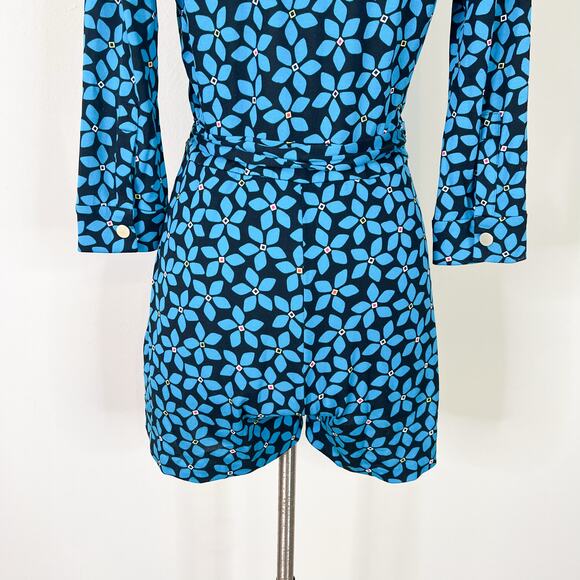 DVF | Celeste Floral Wrap Blue Black Cotton Silk Designer Romper No Size Tag EUC - Picture 8 of 10